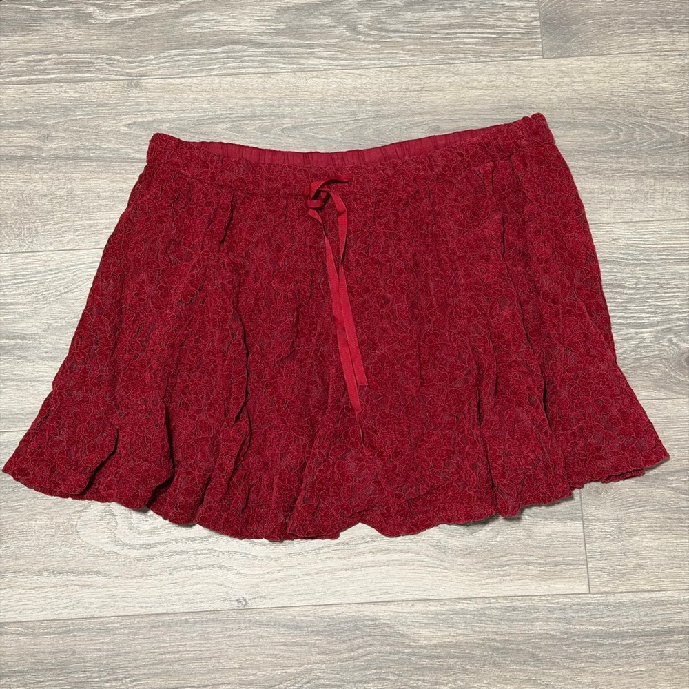 Aerie Red Textured Skirt with Ribbon Tie